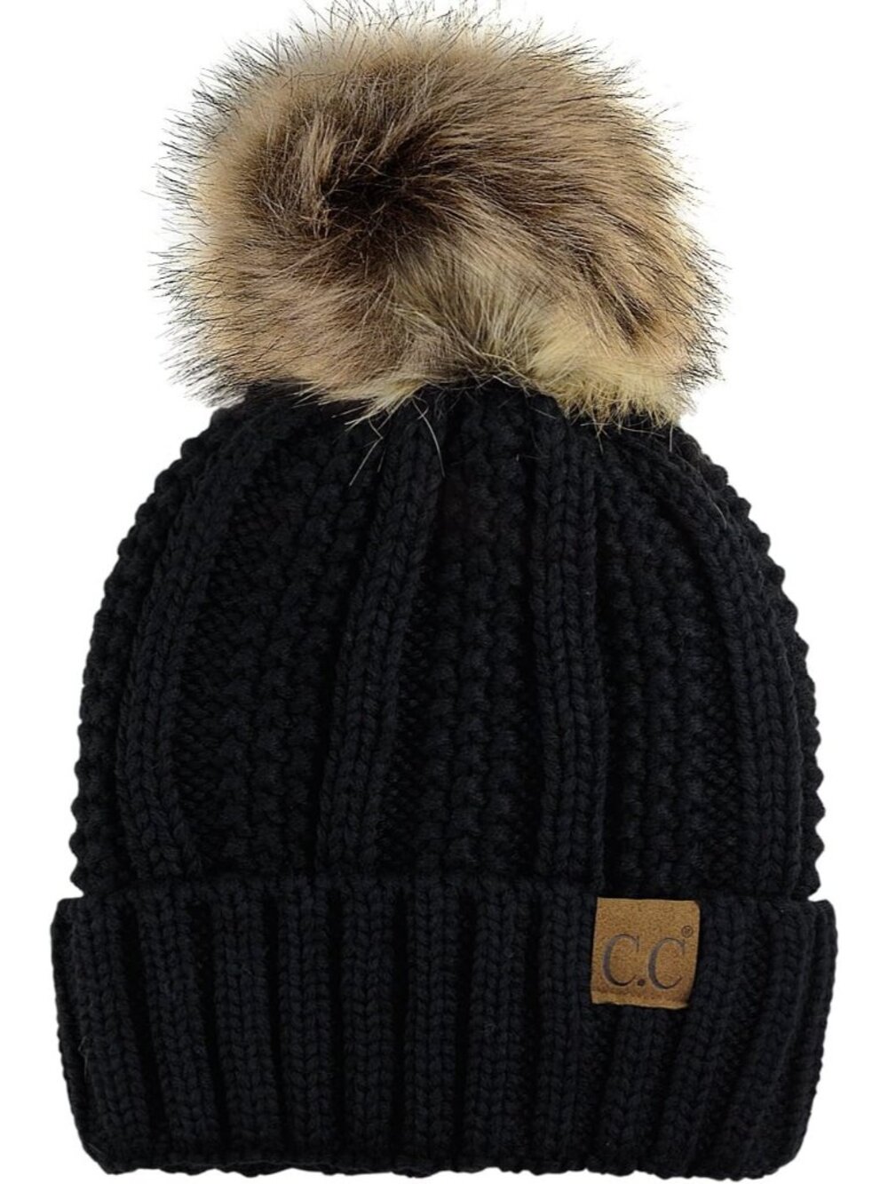 Thick Cable Knit Faux Fuzzy Fur Pom Fleece Lined Skull Cap Cuff Beanie